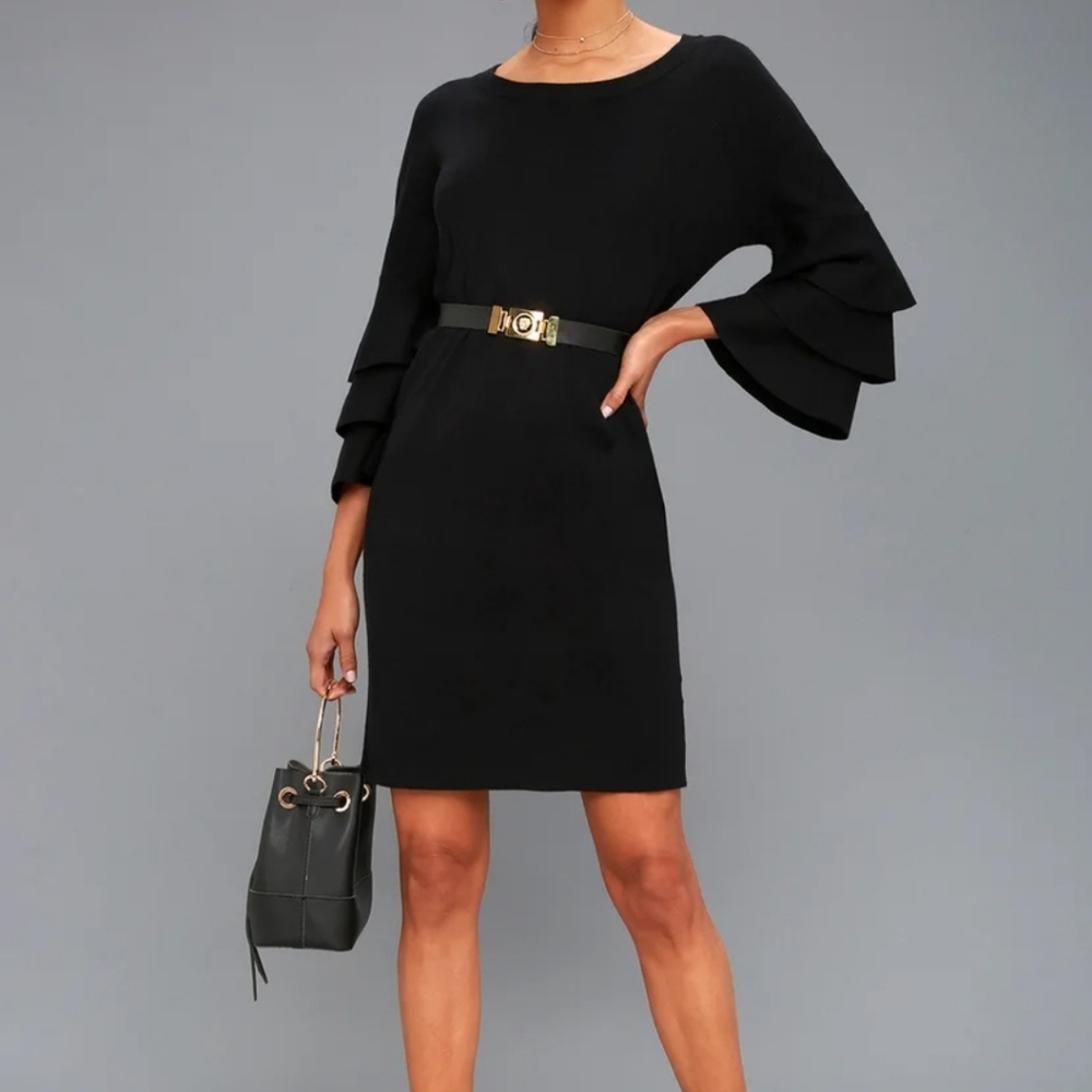 Everyday Extravagance Black Flounce Sleeve Sweater Dress